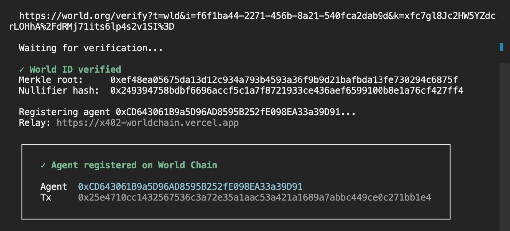 CLI: World ID verified and agent registered on World Chain